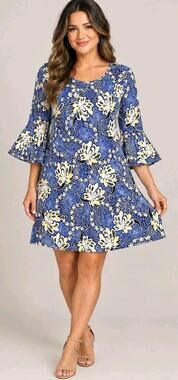 Espresso Women's Medium Bell Sleeve Dress Floral Yellow Blue Black Stretch Boho